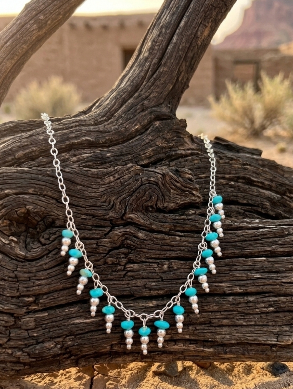 Turquoise Beaded Fringe Necklace – 925 Sterling Silver (Boho Bib Statement)